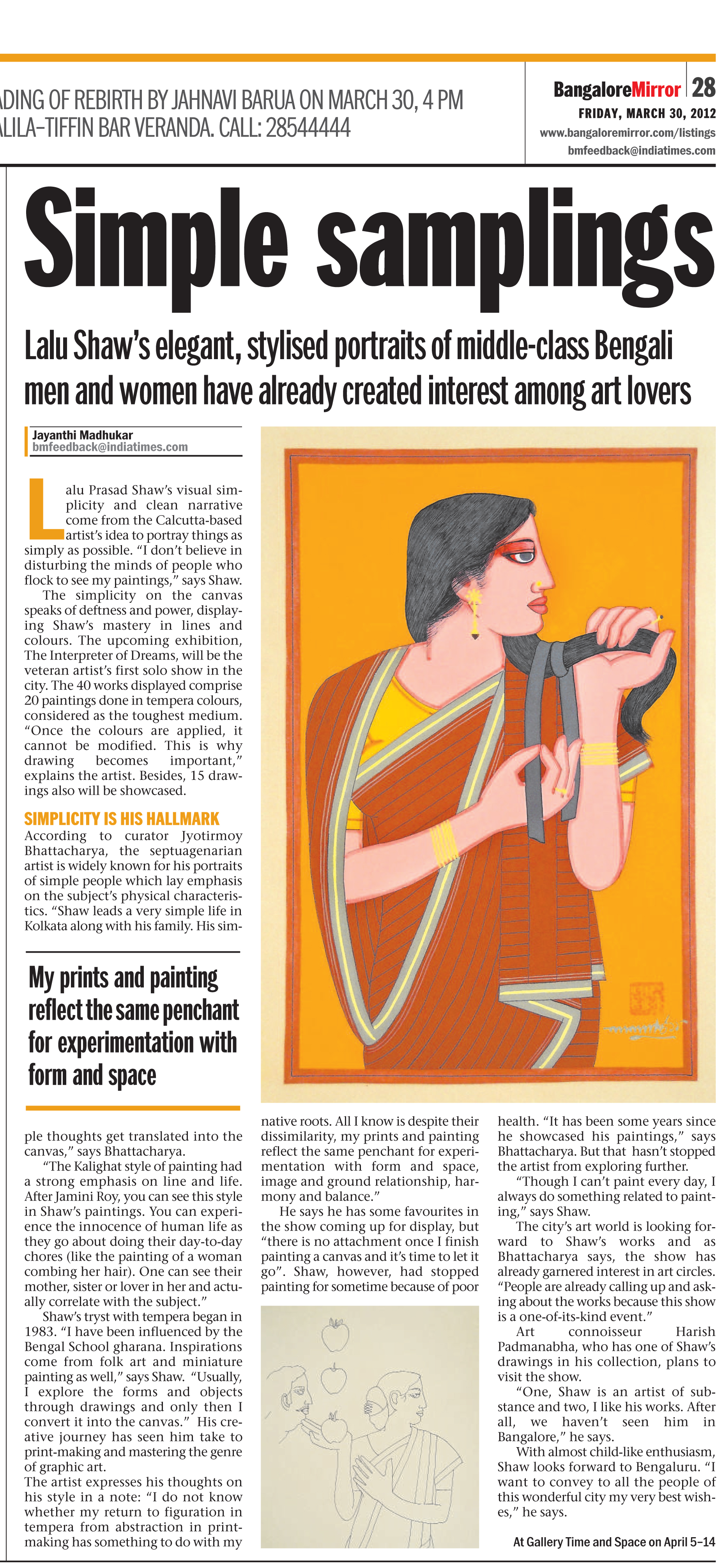 SOLO EXHIBITION OF LALU PRASAD SHAW : Curated by Jyotirmoy Bhattacharya | Bangalore Mirror 2012 